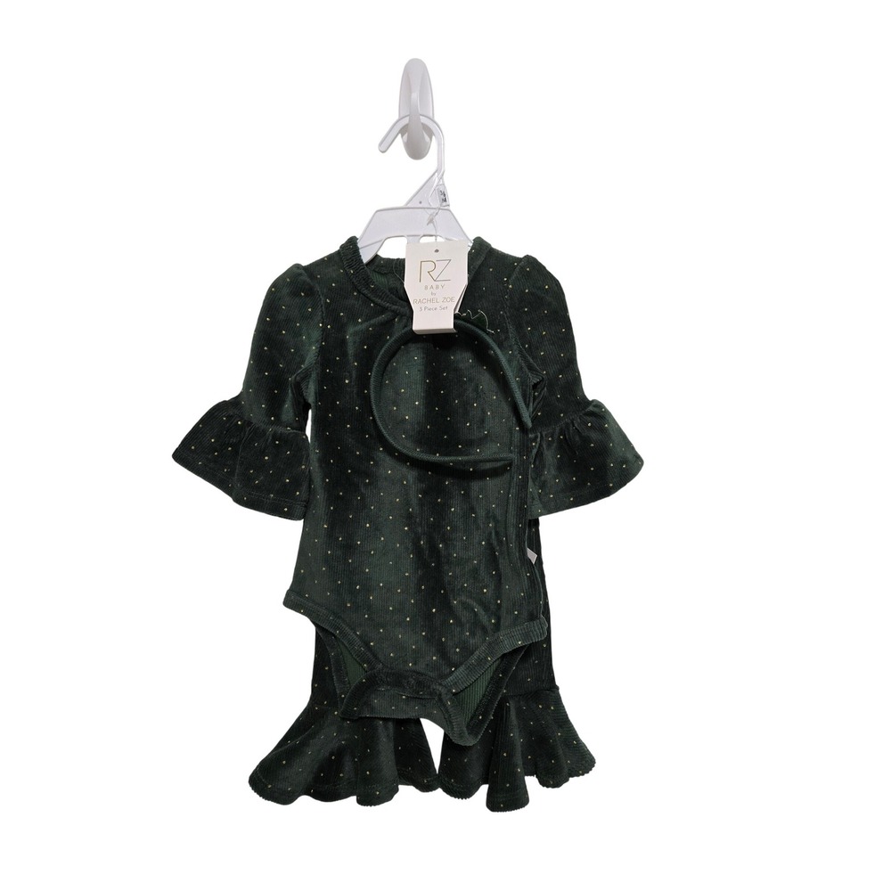 RZ Baby Rachel Zoe 3 Piece Set Green Corduroy‎ Gold Dot Outfit 3/6M